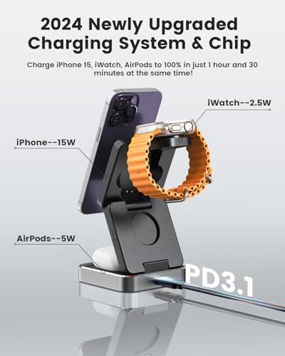 Revolutionary 3-in-1 Wireless Charging Station: 15 W Fast Charger for i Phone, Mag Safe Compatible, Foldable Travel Design for Apple Watch & Air Pods – Ultimate Convenience and Style for Your Nightstand or On-the-Go Power Needs