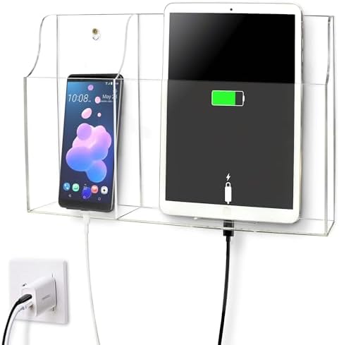 Yoillione Premium Wall-Mount Charging Station for Tablets and Smartphones – Dual-Slot Remote Control Organizer in Clear Acrylic – Streamlined Media Storage Solution with Enhanced Compatibility and Rapid Charging Speed – Perfect for Home and Office Use