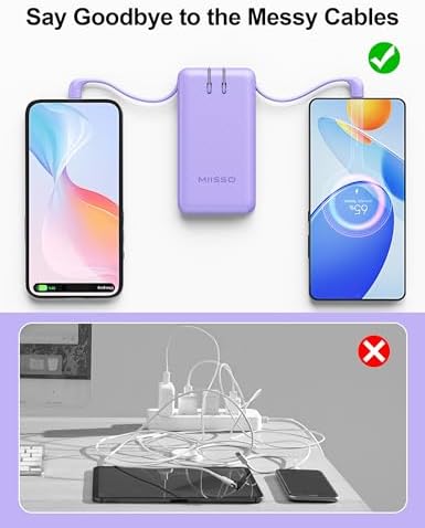 miisso Ultra Slim 10000 m Ah Portable Power Bank with Built-in Cables and Foldable Wall Plug – Compact USB-C Charger for i Phone, Samsung, i Pad & More – Perfect Travel Companion for On-the-Go Charging Efficiency