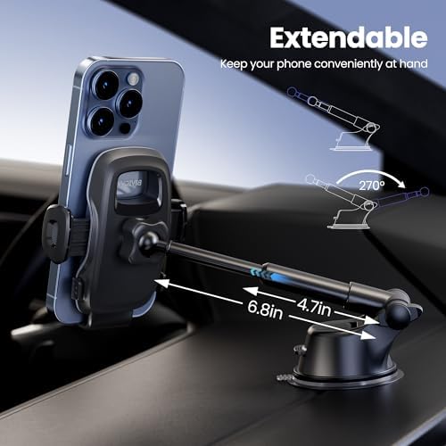 Universal 360° Adjustable Car Phone Holder with Telescopic Arm – Secure Suction Cup Mount for Dashboard and Windshield, Perfect for All Smartphones (4.8-7″) – Hands-Free Navigation and Enhanced Safety Drive Solution