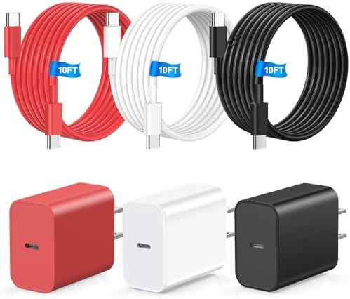 Ultimate Fast Charging i Phone Accessory Kit – 3 Pack 10 FT USB C Cables & 20 W Charger Block for i Phone 15/16 Pro/Max/Plus & i Pad Models – Sleek Red, White, Black Design for Enhanced Compatibility & Rapid Power-Up Performance