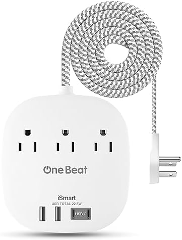 10 Ft Flat Plug Power Strip with 3 AC Outlets & 4 USB Ports, Ideal Desktop Charging Station for Cruise Ships & Dorms – Compact Design & Fast Charging for Multi-Device Use