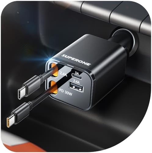 Ultimate 4-in-1 Retractable USB C Car Charger for Fast Charging – Dual Type C Cables for i Phone 16/15/14/13/12, i Pad, Galaxy, and Pixel Devices – Streamlined Design for Maximum Efficiency and Clutter-Free Travels