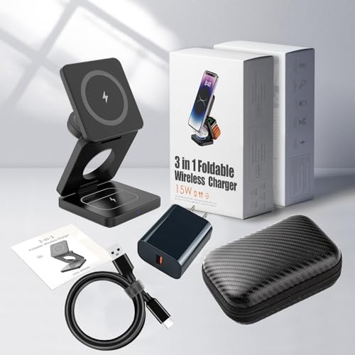 Revolutionary 3-in-1 Foldable Wireless Charging Station for Apple Devices – Ultimate i Phone 15, 14 Pro Max, 13, 12, Apple Watch 9-3, and Air Pods Pro Compatibility in a Compact Design (Black) – Streamlined Charging Efficiency and Portability for Tech Enthusiasts