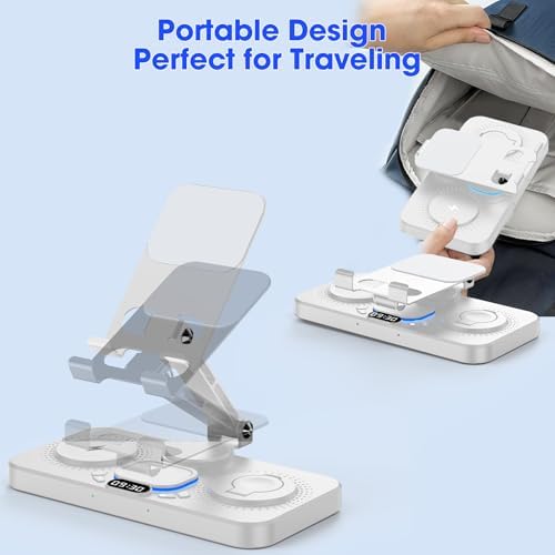 30 W Magnetic Wireless Charging Station with 12-Hour Clock & 7 Color Ambient Light for Samsung Devices – Fast Charging Hub for Galaxy Tab, Galaxy S25 Ultra, Samsung Watch 7, and Galaxy Buds3 Pro – Portable, Foldable Design with Adjustable Tablet Stand for Travel – Comprehensive Safety Features for Optimal Performance