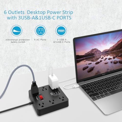 AHRISE Multi-Device Power Strip with 6 AC Outlets & 4 Fast USB Charging Ports – 5 ft ETL Certified Extension Cord for Home, Office, Travel & Cruise – Efficient Charging for Smartphones, Tablets & More – Compact & Durable Design
