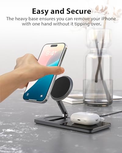Innovative 2-in-1 Wireless Charging Station for i Phone & Air Pods – Foldable Mag Safe Charger Stand for i Phone 12-16 & Air Pods, Portable Design, Enhanced Magnetic Alignment for Fast Charging, Sleek & Space-Saving Solution for Home & Office Use