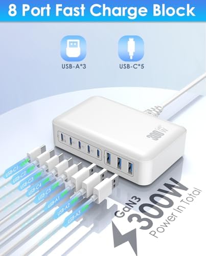 Ultimate 300 W Ga N Fast USB C Charging Hub – 8-Port Power Adapter with PD 100 W for Laptops, i Phone 16/15/14, Galaxy S23/22 – Flexible 5 ft Cord for Seamless Home & Office Charging – All-in-One Device Power Solution