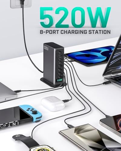 Ultra-Fast 520 W USB C Charger Hub with 8 Ports – Ga N Technology Power Adapter for Mac Book, Dell, i Phone & Samsung – PD 100 W Smart Charging Station for Home, Office & Travel – Compact, Durable & Efficient Charging Solution