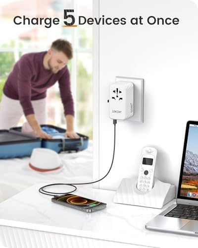 LENCENT 85 W Universal Travel Adapter with Retractable USB-C Cable – High-Speed International Plug Converter Featuring 3 Type-C & 1 USB-A Ports for Effortless Worldwide Charging – Your Ultimate Travel Essential for Maximum Compatibility, Fast Charging, and Ga N Technology Efficiency