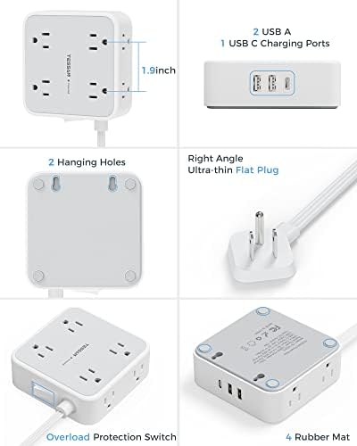 TESSAN Power Strip Tower Surge Protector: 8 AC Outlets & 3 USB Ports (1 USB-C) with 900 Joules Protection, 5 FT Flat Plug Extension Cord – Ultimate Desk Charging Station for Home Office and Dorm Room Efficiency
