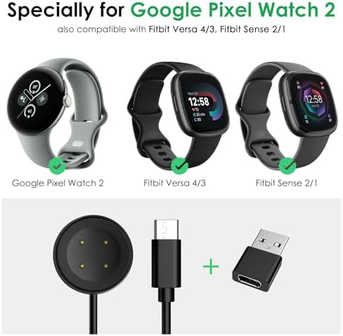 Ultimate Dual-Pack USB-C Fast Charger for Google Pixel Watch 3/2 & Fitbit Series – 3.3 Ft Portable Charging Cables with USB Adapter – Enhanced Durability & Rapid Charging for Smartwatch Users – Ideal for Home, Office, and Travel Convenience