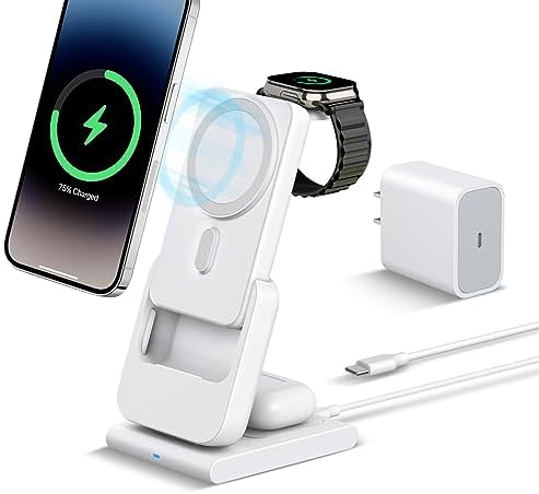 DDUAN 3-in-1 Wireless Charging Station for i Phone and Apple Watch – Foldable 5000 m Ah Magnetic Power Bank with Fast USB-C Charging for i Phone 16/15/14/13/12 Series – Sleek, Portable Design for Home and Travel
