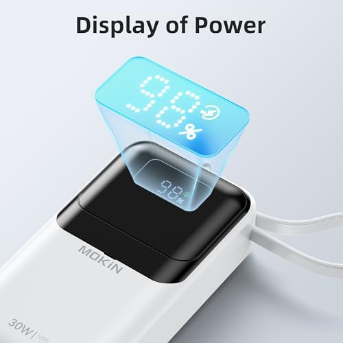 MOKi N 10,000 m Ah Ultra-Fast Portable Charger with Built-in Cables & Smart Digital Display – 30 W PD Power Bank for i Phone 16/15/14/13, Samsung Galaxy S23/S22/S21, Google Pixel – Compact Travel-Friendly Battery Pack with Safety Features & Multiple Charging Ports – Lightweight & Airline-Approved for On-the-Go Convenience