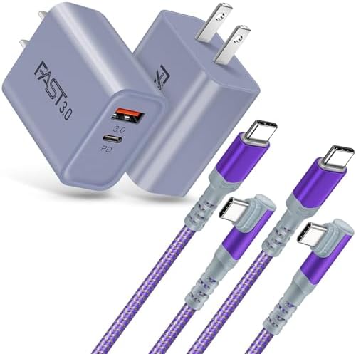 Dual Port Fast Charging Wall Adapter with 10 FT Right-Angle USB C Cable – 20 W USB-C Power Block for i Phone 16/15, Samsung Galaxy S25 Ultra, S24, S23, S10 – Efficient Charging Convenience for Home, Office, and Travel