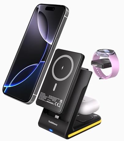 3-in-1 Magnetic Wireless Charging Station for i Phone & Samsung – Portable 5000 m Ah Power Bank, Multi-Device Charger for Apple Watch, Galaxy Watch & Air Pods – Fast Charging with Safety Features – Ideal for Home & Travel