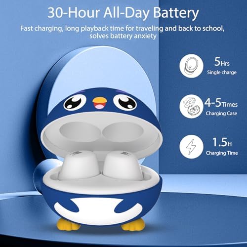 Penguins Kids Bluetooth Headphones – Safe 85 d B Volume Limited Earbuds with 30-Hour Playtime, Waterproof Touch Control for Small Ears – Ideal for School, Travel, and Home Use with Superior Device Compatibility and Child-Friendly Design