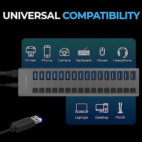 SABRENT 4-Port USB 3.0 Hub with Individual LED Power Switches – Ultimate Connectivity Solution for Home & Office with 5 V/2.5 A Adapter for Maximum Device Compatibility and Speed Enhancement