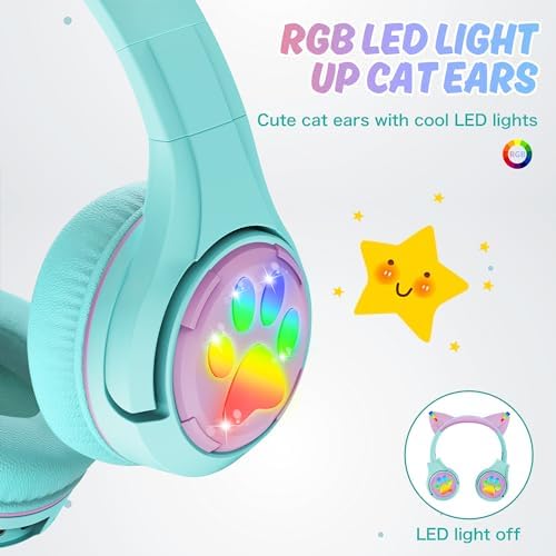 Riwbox CF9 Cat Ear Bluetooth Headphones for Kids – Safe 85 d B Volume Limit, Fun LED Light-Up Design, Dual Microphones for Clear Calls, Perfect for Tablets, Schools, Air Travel & Remote Learning, Lightweight Comfort in Trendy Purple