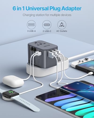 VINTAR Universal Travel Adapter: All-in-One Power Converter with 6 A Output, 3 USB-C and 2 USB Ports for Fast Global Charging Across Europe, UK, USA, and Australia – Essential Travel Accessory for Effortless Device Connectivity and Safety Features