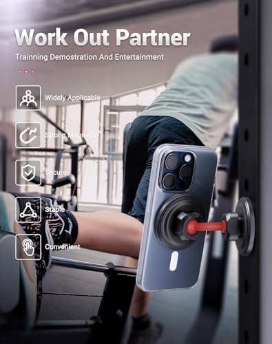 Magnetic Gym Phone Holder for Mag Safe – Ultimate Hands-Free Workout Accessory with Dual Ball Head for Optimal Viewing – Securely Supports i Phone 12 to 16 Pro Max & All Smartphones – Elevate Your Fitness Routine with Seamless Connectivity and Stability