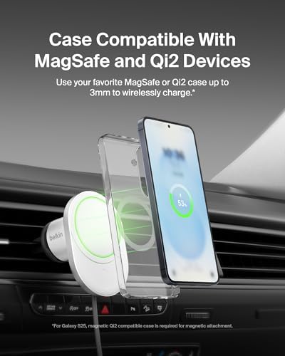 Effortless On-the-Go Charging: Belkin 15 W Magnetic Wireless Car Charger – Qi2-Certified, Mag Safe-Compatible Vent Mount for i Phone 12-16 & Samsung Galaxy S25 – Sleek Gray Design for Enhanced Device Stability and Fast Power Delivery