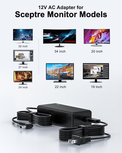 Universal 12 V AC Power Adapter for Sceptre EC Series Monitors – Reliable Replacement for 15″ to 32″ Models – Ensures Uninterrupted Performance for Gaming, Streaming, and Work – Lightweight, Robust Design with Fast Charging for Ultimate Convenience and Efficiency