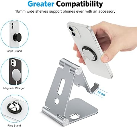 OMOTON Foldable Cell Phone Stand, C4 Portable Aluminum Phone Holder, Adjustable Phone Dock Cradle Compatible with iPhone 16/15/14 Pro Max, Samsung Galaxy, Small Tablets and Other Phones, Grey – Enhanced Compatibility and Speed