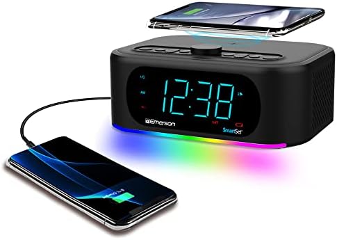 Elevate Your Morning Routine with the Emerson ER100202 Smartset Dual Alarm Clock Radio – Bluetooth-Enabled, USB Charging Port, and Qi Wireless Charger for Effortless Device Power – Stylish and Functional Addition to Your Bedside or Office Setup
