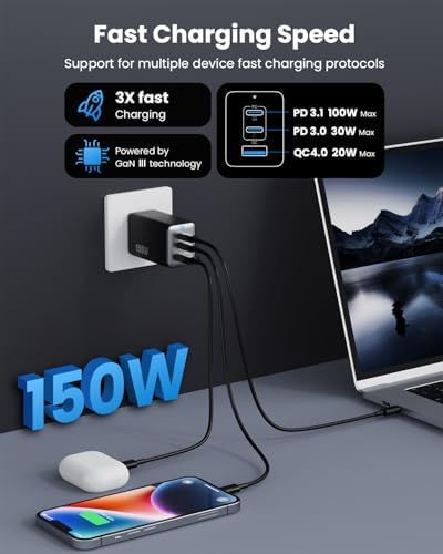 Ultimate 150 W USB-C Charging Hub – Compact Multi-Device Power Adapter with 3 Fast-Charging Ports for Mac Book Pro, i Phone 16, Galaxy S24, and Dell Laptops – Enhanced Efficiency with Ga N Technology for Professionals on the Go