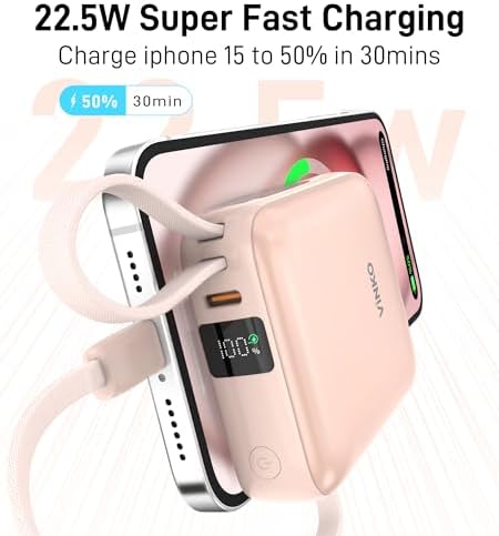 Ultra-Fast 22.5 W Mini Power Bank: 10,000 m Ah Portable Charger with Built-in Cables & LED Display | Charge 3 Devices Quickly | Sleek Design for Travel | Ideal for i Phone, Samsung, Android | Durable & Safe Power Supply for Everyday Use