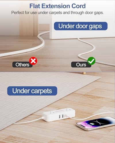 Sleek Flat Plug Power Strip with 5 Ft Extension Cord – 4 AC Outlets & 3 Fast-Charging USB Ports (5 V/3.4 A) – Compact Travel-Friendly Power Solution for College Dorms, Home Offices, and On-the-Go Charging – Maximize Space and Connectivity