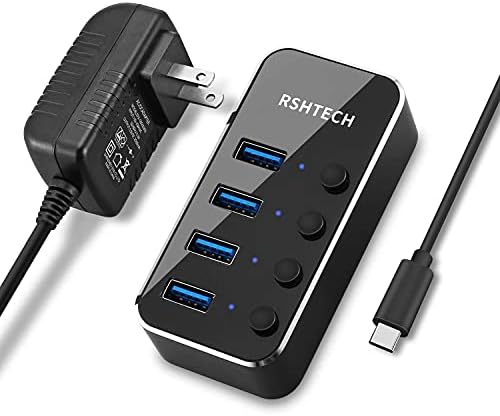 Elevate Your Connectivity with the RSHTECH 4 Port USB C to USB 3.0 Hub Expander – Sleek Aluminum Powered Splitter with 5 V AC Adapter & Individual On/Off Control for High-Speed Data Transfer (RSH-516-C) – Perfect for Professionals & Multitaskers
