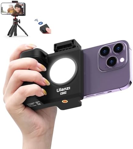 Transform Your Smartphone Into a Professional Camera with the ULANZI CG-02 Grip Holder: Ultimate Stability, Remote Shutter Functionality, and Integrated Fill Light for i Phone 16, 15, 14 Pro Max – Essential Handheld Tripod Mount for Flawless Photography and Video Creation