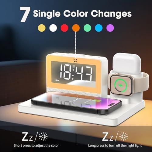Revolutionize Your Charging Routine with the 7-in-1 Wireless Fast Charging Station – All-in-One Alarm Clock Dock for i Phone, Samsung Galaxy, Apple Watch & Air Pods – Enhanced Speed, Sleek Design, and Safety Features for Ultimate Convenience