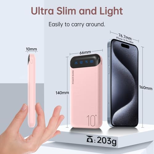 10000 m Ah Slim Portable Power Bank – Fast Charging External Battery Pack with Dual USB 2.4 A Outputs & USB-C Compatibility for i Phone 12-16, Huawei, Samsung Galaxy S20, & Android Tablets – Ideal for Travel and Daily Use