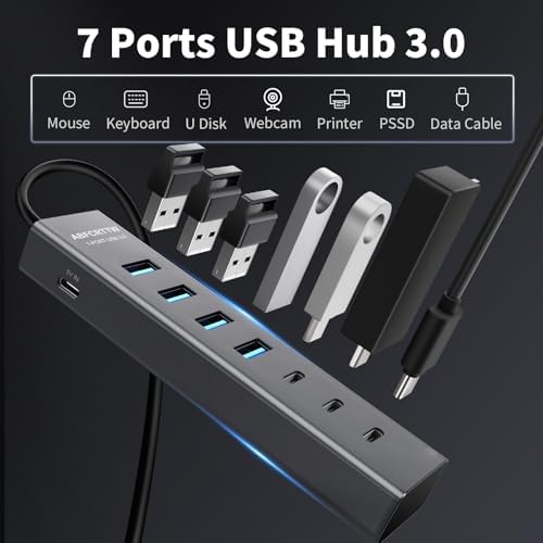 Upgrade Your Workspace with the 4 Ft 7-Port USB 3.0 Hub – High-Speed USB-A & USB-C Connectivity for Efficient 5 Gbps Data Transfers, Sleek Aluminum Build, and Extended Reach Perfect for PCs, Flash Drives, and More – Ultimate Compatibility for Windows and XPS Systems