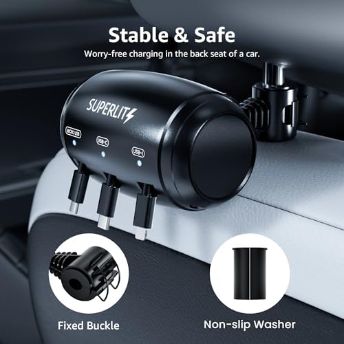 Revolutionize Your Rideshare Journey with the SUPERLIT 3-in-1 Retractable Backseat Charging Hub – Lightning-Fast Charging for i Phone, Samsung & Android – Effortless Headrest Mounting for Uber, Lyft, Turo & Taxi Drivers – Compact, Durable Design for Maximum Passenger Convenience and Comfort