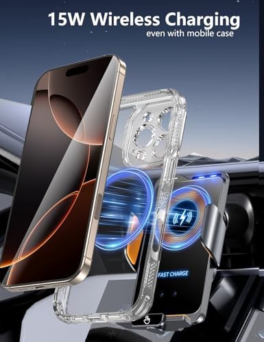 Wireless Car Charger & Phone Mount – 15W Auto-Clamping Air Vent Holder for iPhone 16/15/14, Samsung Galaxy S24/S23/S22, etc，66W High Power with Magnetic Suction Adapter(2025 Model, Black) – Enhanced Compatibility and Speed