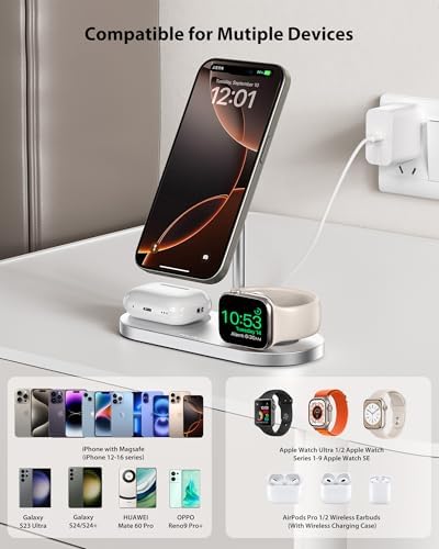 Sleek Aluminum Alloy 3-in-1 Magnetic Wireless Charging Station for Apple Devices – Fast 5 W Charger for i Phone 16/15/14/13/12, Apple Watch 9/8/7/SE & Air Pods – Ideal Travel Accessory for Clutter-Free Charging Solutions