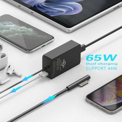 High-Speed 65 W Universal Charger for Microsoft Surface Devices – Compatible with Surface Pro 10, 9, 8, 7+, X, Studio, Go & Surface Book | UL Certified for Safe & Fast Charging | Includes 10.1 FT Cord & Travel Case for On-the-Go Convenience | Dual USB Port for Simultaneous Device Charging