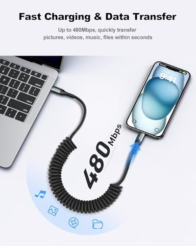 USB C Cable Coiled 6FT 2Pack, Braided USB A to Type C Charger Cable for Car 66W Fast Charging Cord Compatible with iPhone 16 15, iPad, Samsung Galaxy, Google Pixel, Moto, TCL, LG Phones – Enhanced Compatibility and Speed