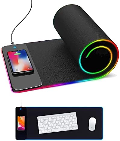 Elevate Your Gaming & Productivity with the 12″ x 35.5″ Wireless Charging RGB Mouse Pad – Large Non-Slip Desk Mat Featuring 10 Customizable RGB Backlight Colors, Fast Wireless Charging for i Phones & More, Perfect for Ergonomic Gaming Setups and Enhanced Workspace Organization