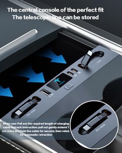 Experience Unmatched Charging Efficiency with the Premium Multi-Port USB Charger for 2021-2024 Tesla Model 3/Y – Sleek Design, Retractable Cable, and Dual Fast Charging Ports – Essential Accessory for Tesla Enthusiasts and Ideal Gifts for Tesla Owners – Elevate Your On-the-Go Connectivity with Enhanced Compatibility for All USB Devices