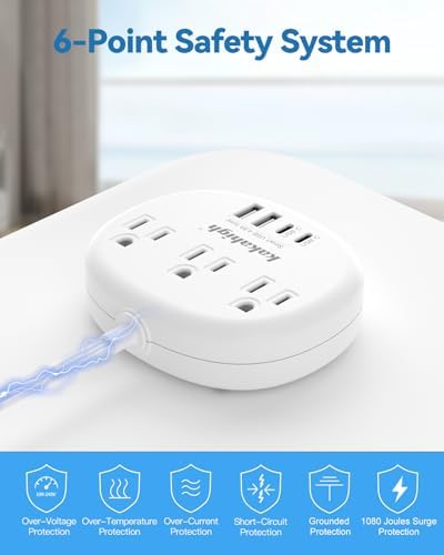 Stylish Brown Extension Cord with 1080 J Surge Protection – 5 FT Flat Braided Design Featuring 3 AC Outlets & 4 USB Ports (24 W/4.8 A) for Fast Charging – Ideal Tan Desk Accessory for Powering Devices Safely & Efficiently