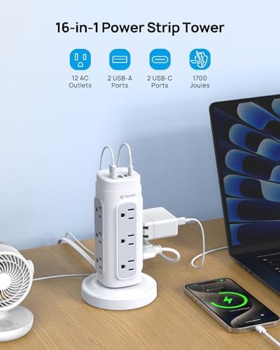 TROND Power Strip Tower with Retractable Design – 5 ft Flat Plug Extension Cord Featuring 5 AC Outlets and 20 W USB-C Fast Charging Ports, 1700 Joules Surge Protection for Home Office and Dorm Room Efficiency – Ultimate Connectivity Solution