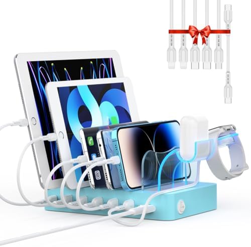 Soo Pii 60 W 6-Port USB-C Charging Station with 20 W Fast Charge – Multi-Device Power Hub for i Phone 14/13/12, Includes 6 Short Cables & 2-in-1 Holder for Organized Charging – Perfect for Home, Office & Travel