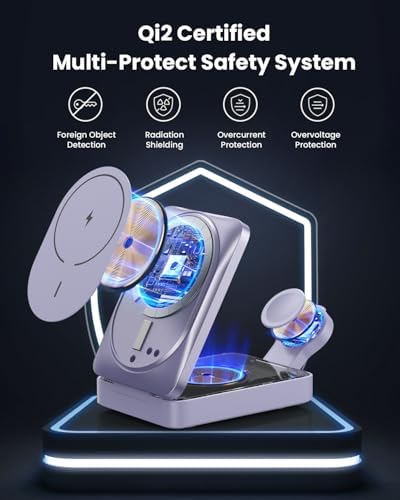 3-in-1 Qi2 Certified Wireless Charging Station – 15 W Fast Magnetic Charger for i Phone 16/15/14/13/12, Apple Watch, Air Pods – Foldable Design with 30 W USB-C Adapter for Ultimate Compatibility and Efficiency – Elevate Your Charging Experience with Enhanced Safety Features and Versatile Viewing Angles
