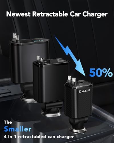 2025 Ultra-Compact 4-in-1 Retractable Car Charger – 69 W Fast Charging Adapter for i Phone 16, Galaxy and More – Innovative Space-Saving Design with Multiple Ports for Simultaneous Device Powering – Essential Car Accessory for Daily Commutes and Road Trips