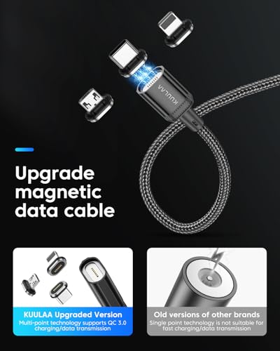 Revolutionize Your Charging with Kuulaa 3 Pack Magnetic Charging Cables – Fast 3 A Power Delivery, 3-in-1 Interchangeable Tips for Lightning, Micro USB & Type-C, Durable Nylon-Braided Design for Ultimate Reliability and Convenience
